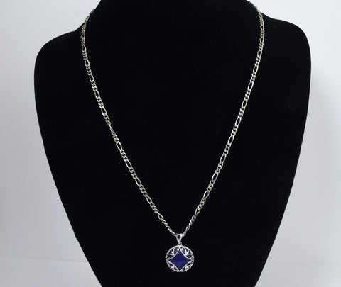 Sterling Silver Lapis Lazuli Pendant on Sterling Silver Figaro Link Chain Necklace - 20"