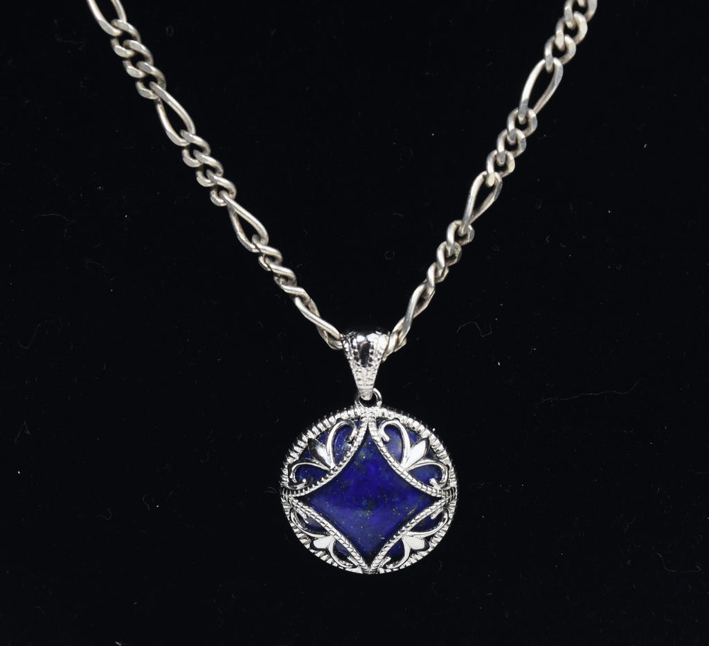 Sterling Silver Lapis Lazuli Pendant on Sterling Silver Figaro Link Chain Necklace - 20"