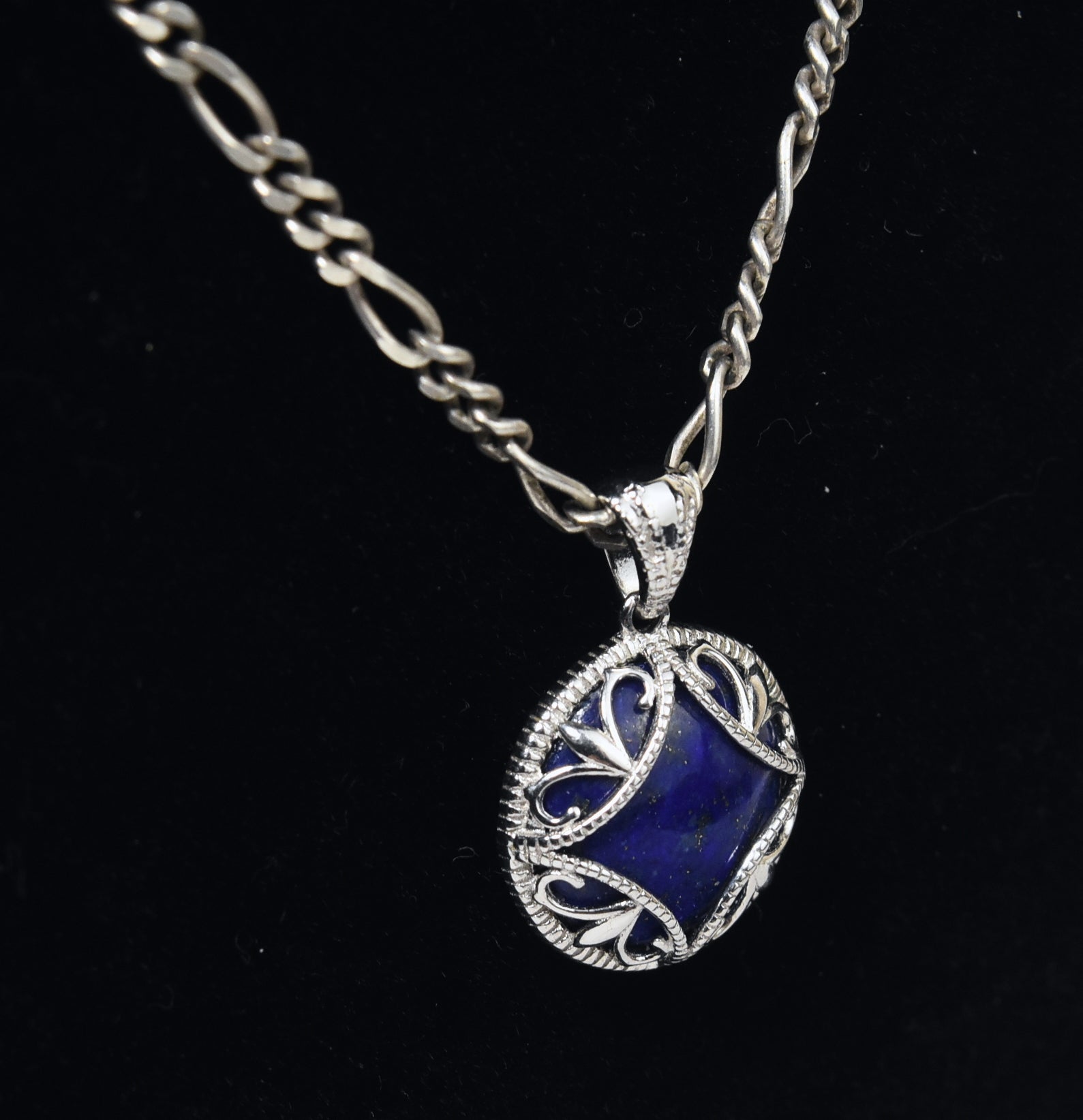 Sterling Silver Lapis Lazuli Pendant on Sterling Silver Figaro Link Chain Necklace - 20"