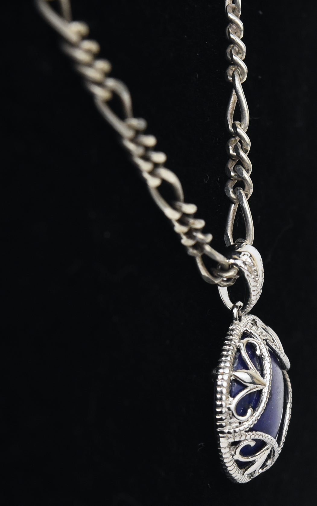 Sterling Silver Lapis Lazuli Pendant on Sterling Silver Figaro Link Chain Necklace - 20"