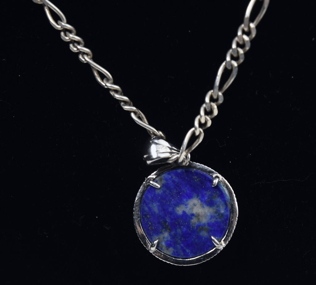 Sterling Silver Lapis Lazuli Pendant on Sterling Silver Figaro Link Chain Necklace - 20"
