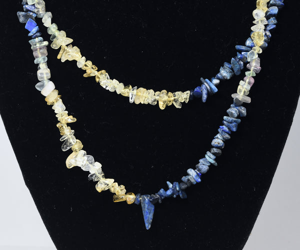 Lapis Lazuli, Citrine, Fluorite Chip Bead Opera Necklace - 42 Inches Long
