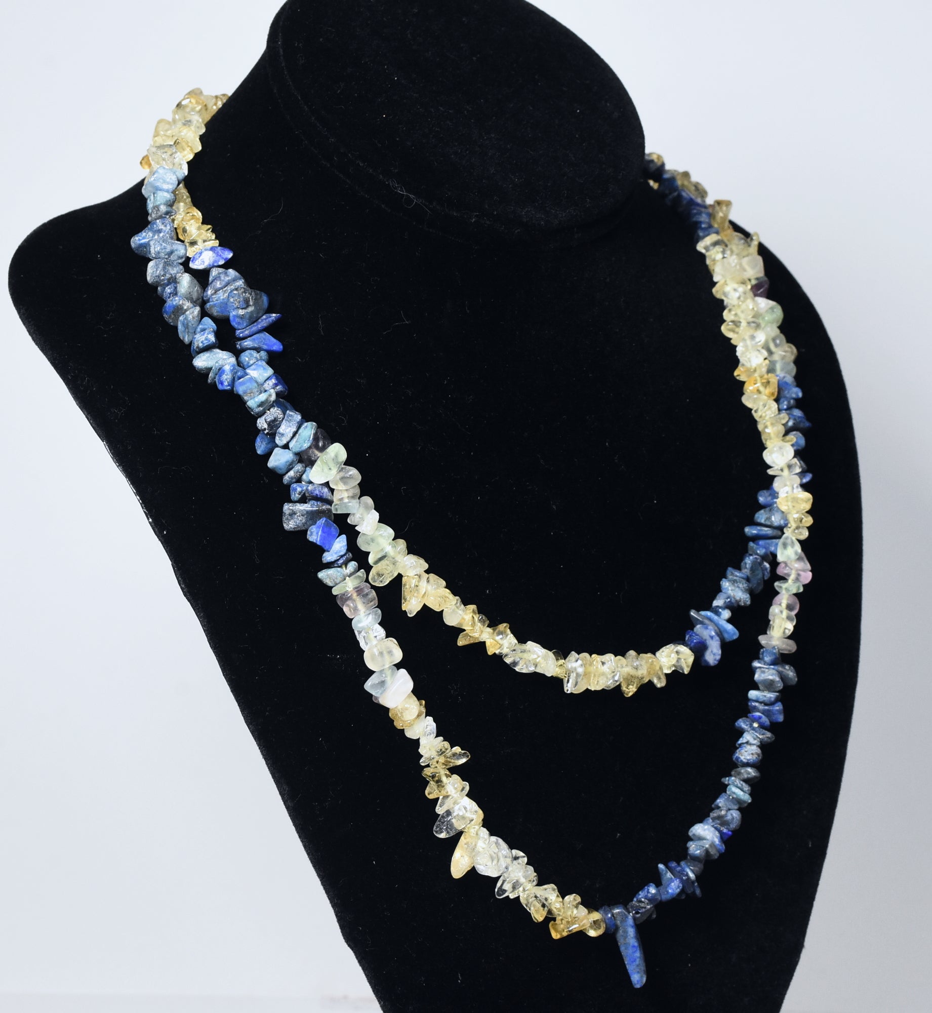 Lapis Lazuli, Citrine, Fluorite Chip Bead Opera Necklace - 42 Inches Long