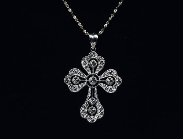 Sterling Silver Laser Cut Design Cross Pendant on Unique Link Chain Necklace
