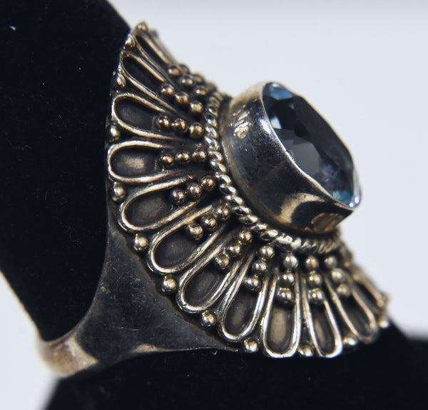 Sterlinlg Silver Shield Ring with Light Blue Stone - Size 8