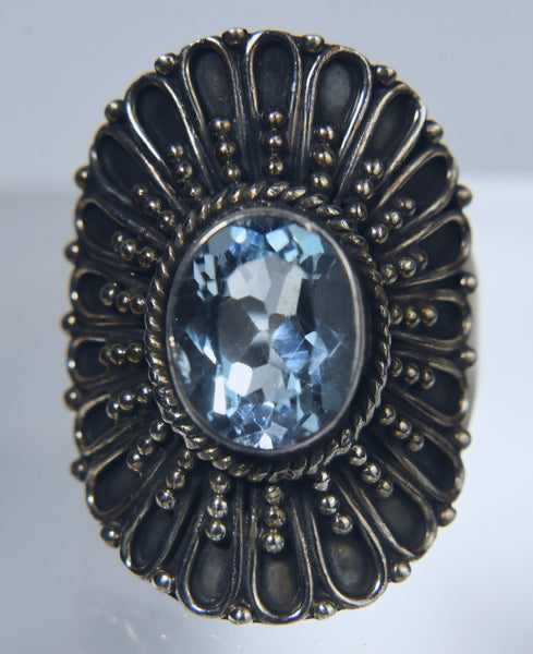Sterlinlg Silver Shield Ring with Light Blue Stone - Size 8