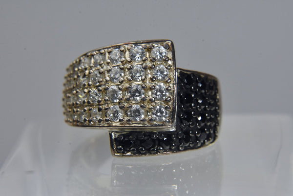 Ross-Simons - Sterling Silver White and Black Crystal Bypass Ring - Size 6
