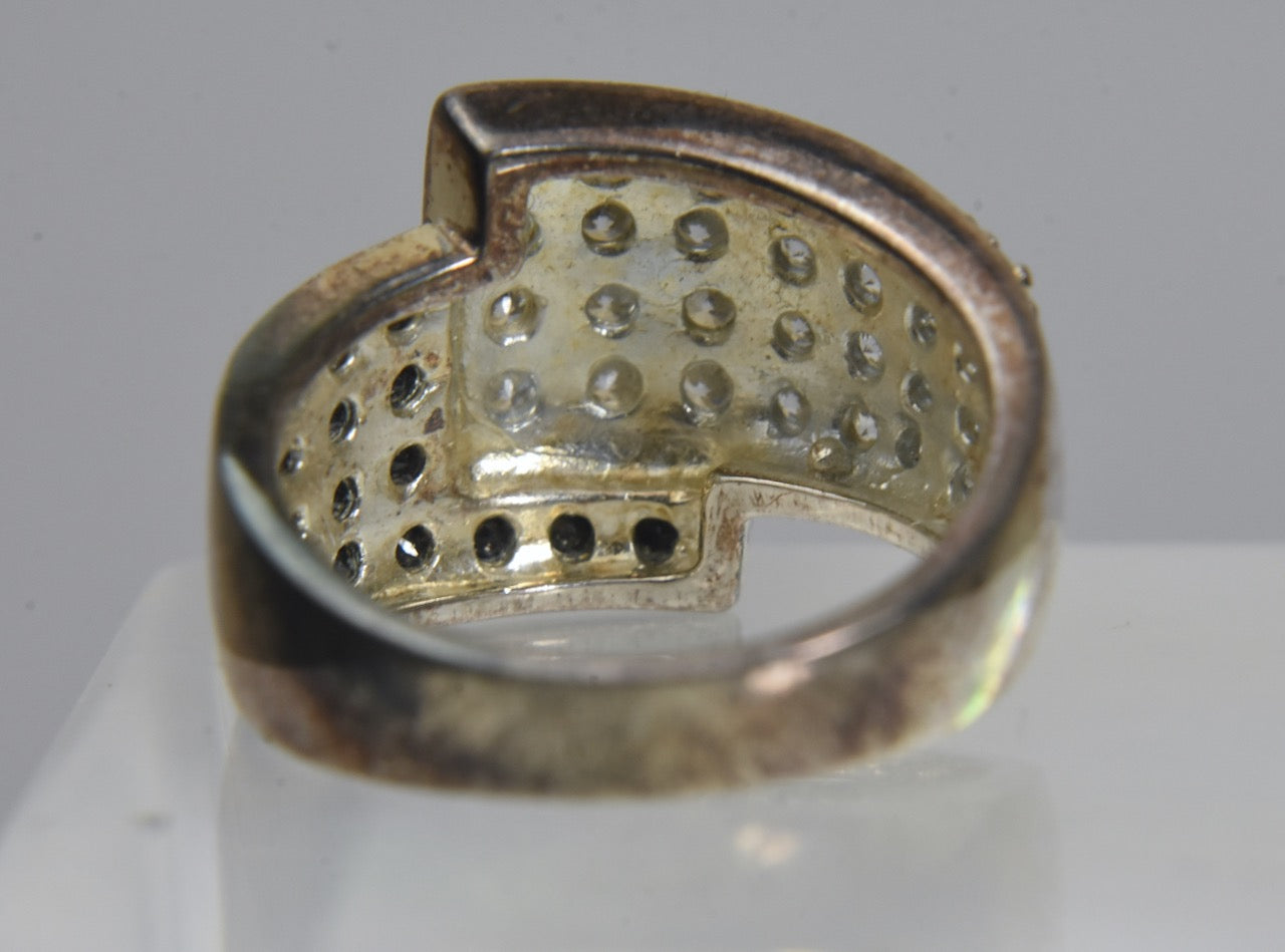 Ross-Simons - Sterling Silver White and Black Crystal Bypass Ring - Size 6