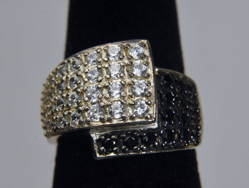 Ross-Simons - Sterling Silver White and Black Crystal Bypass Ring - Size 6