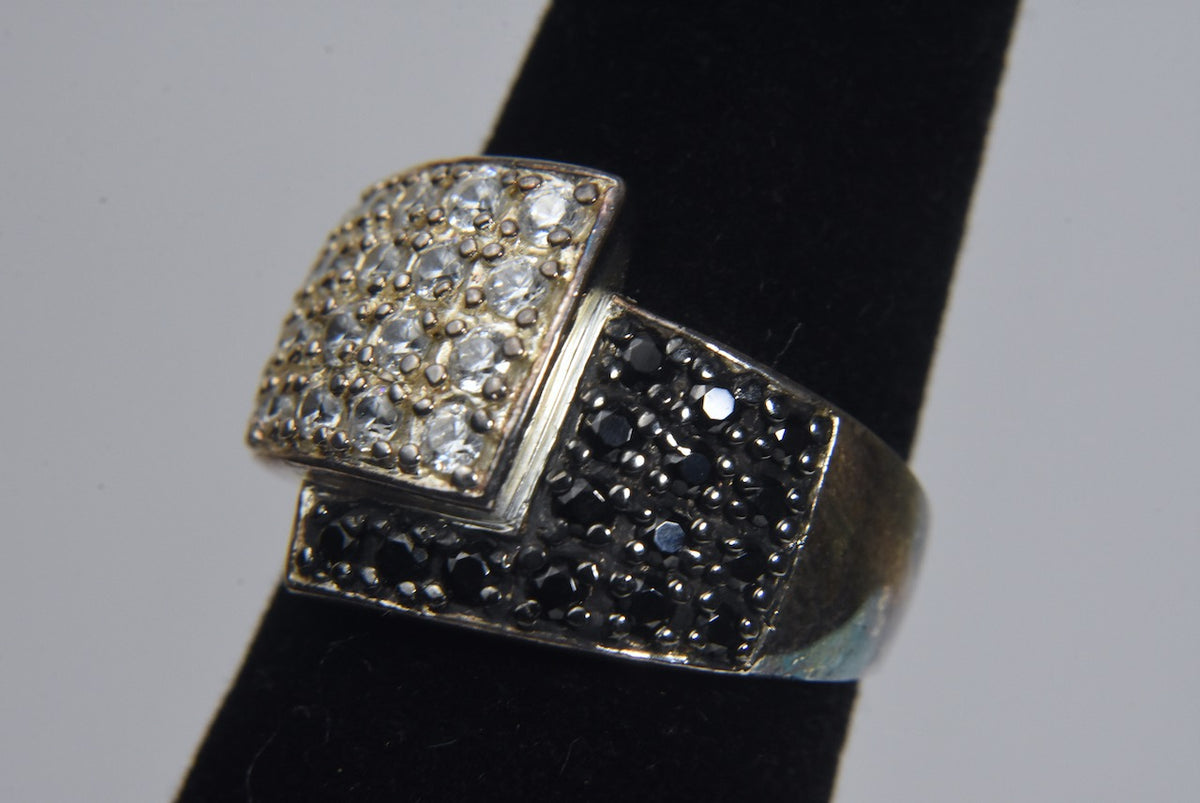 Ross-Simons - Sterling Silver White and Black Crystal Bypass Ring - Size 6
