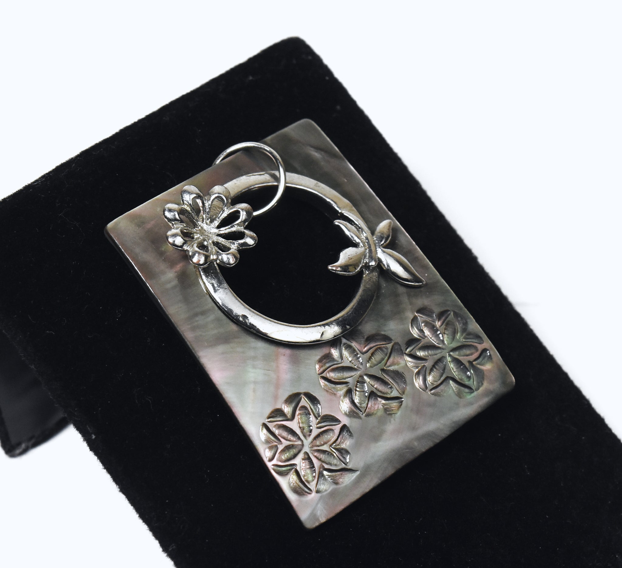 Carved Mother of Pearl Brooch with Silver Butterfly Adornment