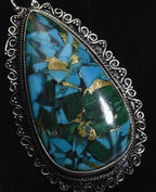 Malachite, Turquoise, Gold Leaf Sterling Silver Southwestern Style Pendant