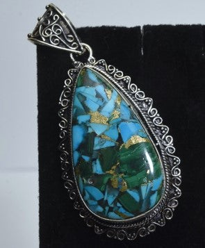 Malachite, Turquoise, Gold Leaf Sterling Silver Southwestern Style Pendant