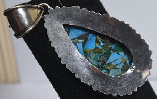 Malachite, Turquoise, Gold Leaf Sterling Silver Southwestern Style Pendant