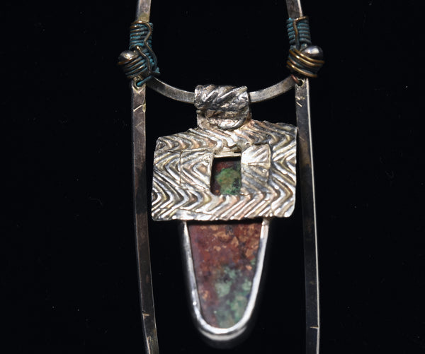 Vintage Handmade Silver Malachite Turquoise Pendant Collar Necklace