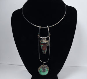 Vintage Handmade Silver Malachite Turquoise Pendant Collar Necklace