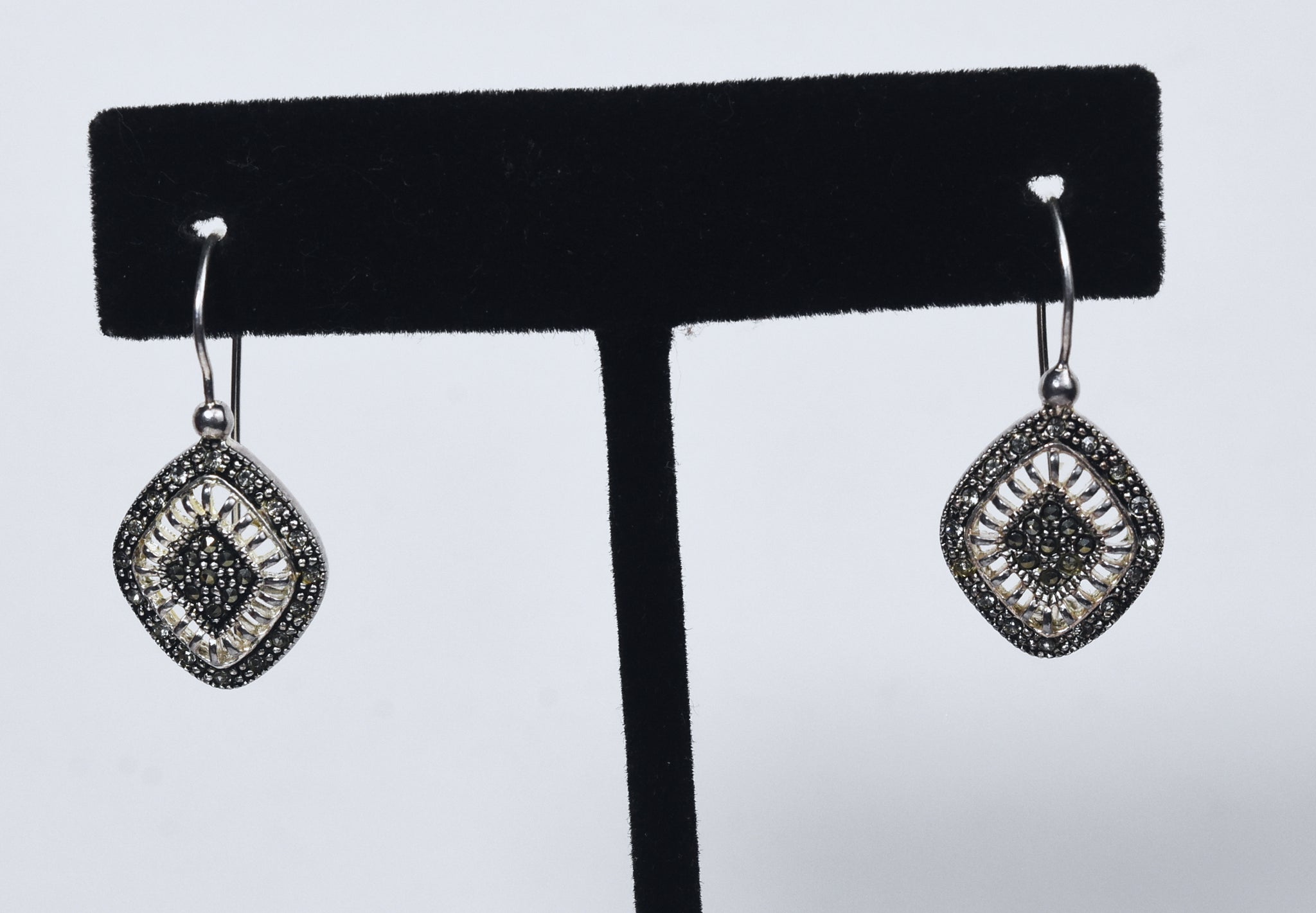 Sterling Silver Marcasite and Clear Stone Drop Earrings