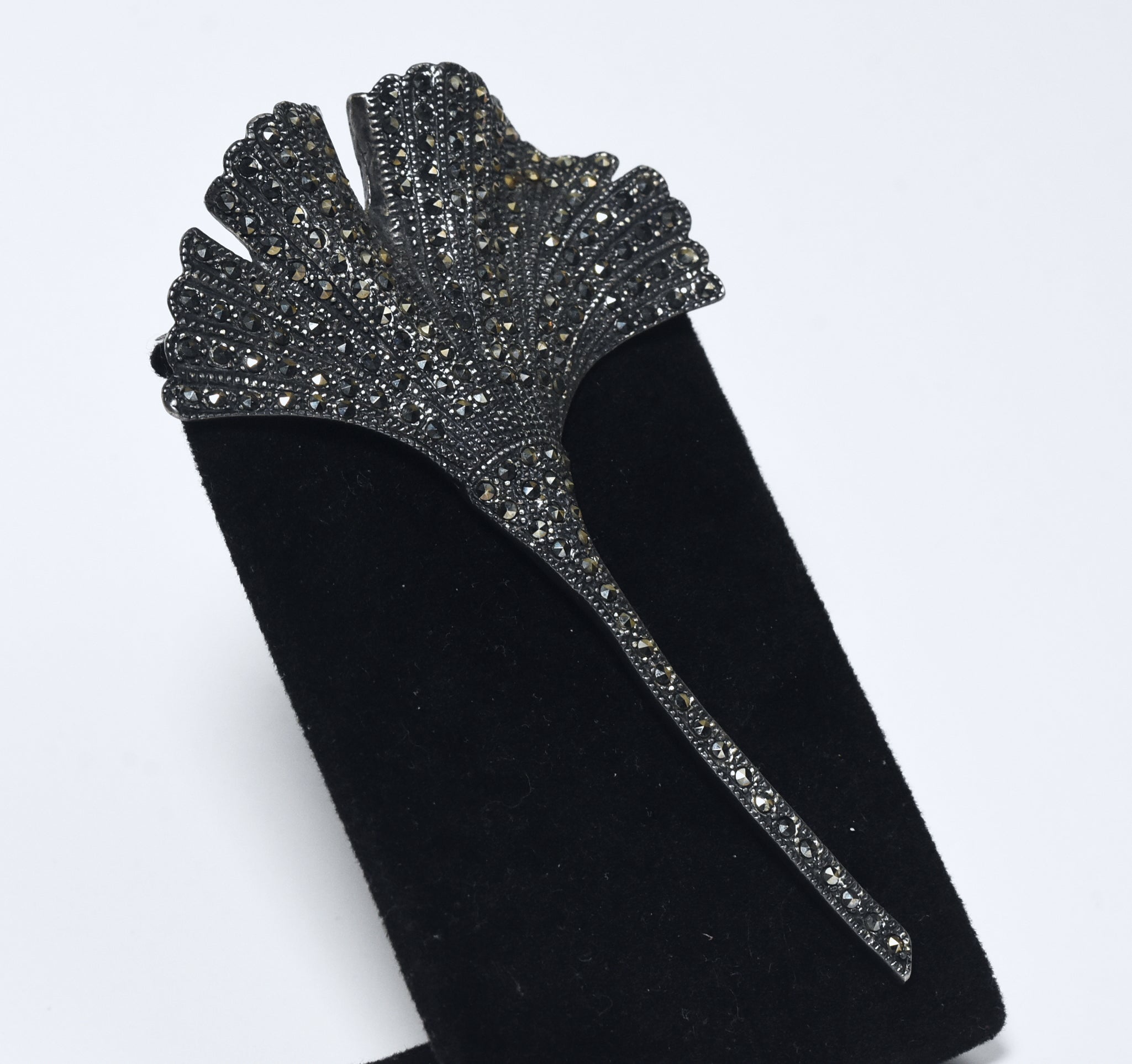 Gorgeous Large Vintage Sterling Silver and Marcasite Art Deco Style Fan Brooch