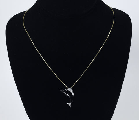 Diamond Sterling Silver Marlin Pendant on Gold Tone Sterling Silver Italian Chain Necklace