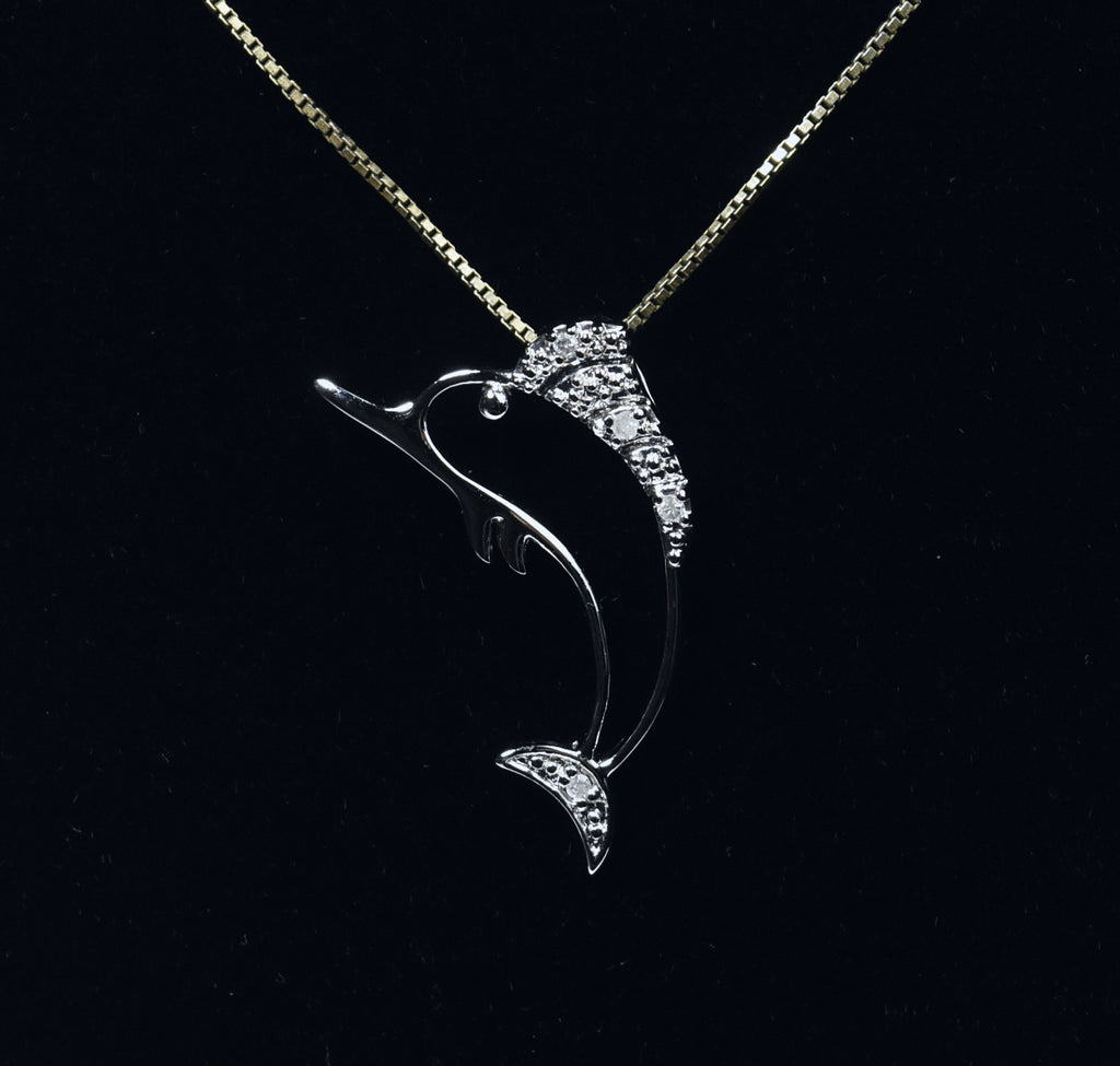 Diamond Sterling Silver Marlin Pendant on Gold Tone Sterling Silver Italian Chain Necklace