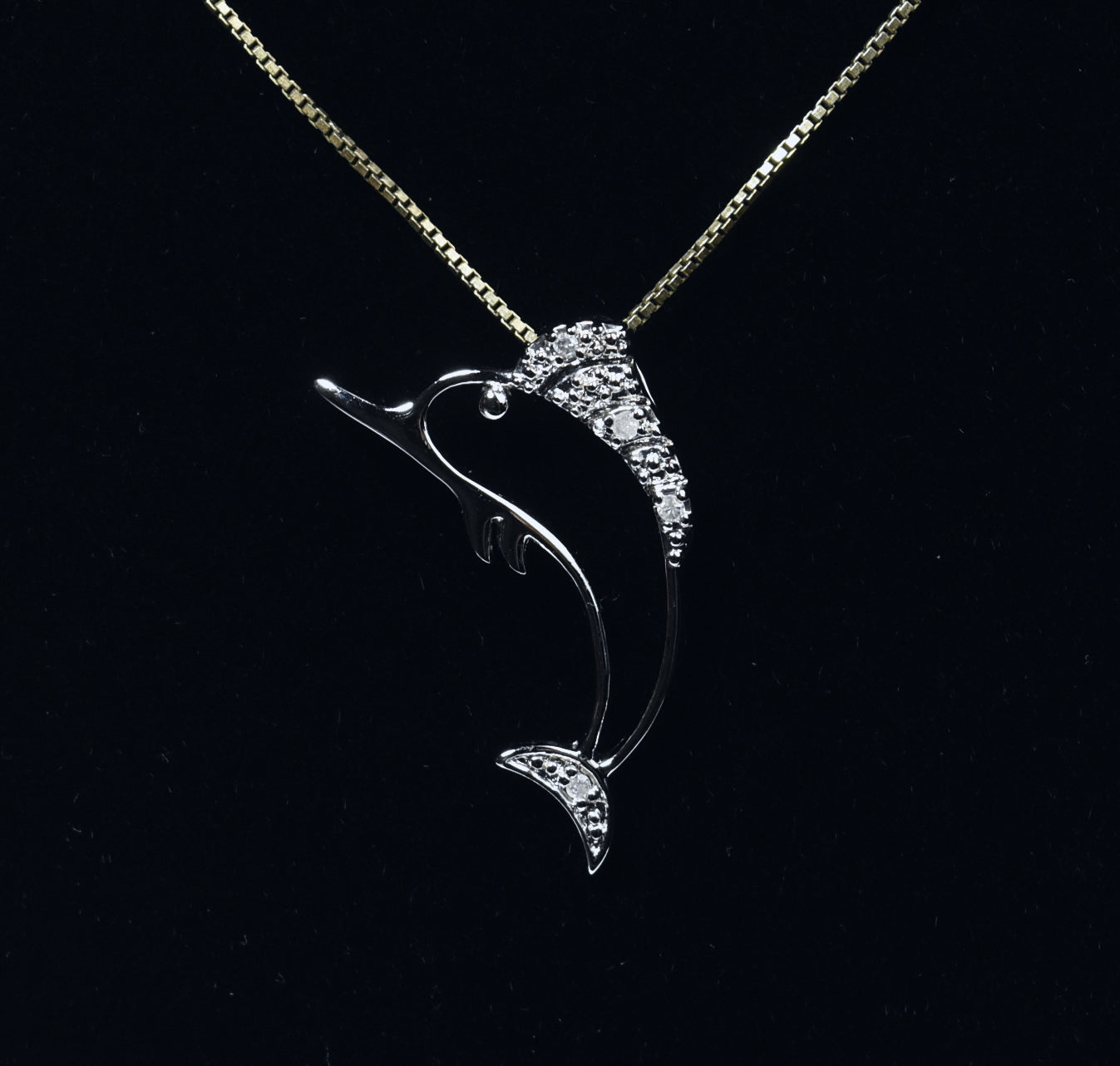 Diamond Sterling Silver Marlin Pendant on Gold Tone Sterling Silver Italian Chain Necklace