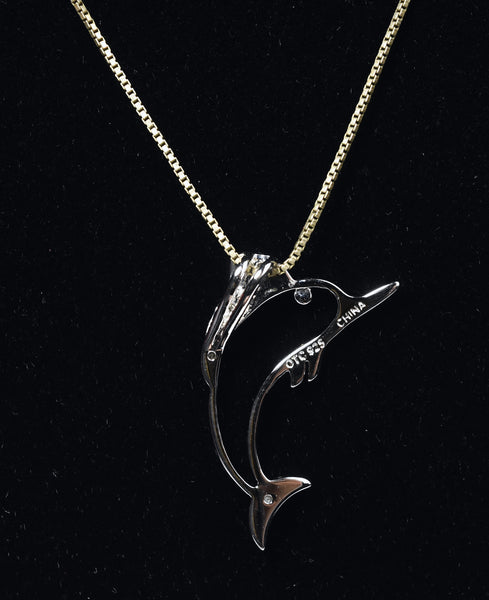 Diamond Sterling Silver Marlin Pendant on Gold Tone Sterling Silver Italian Chain Necklace