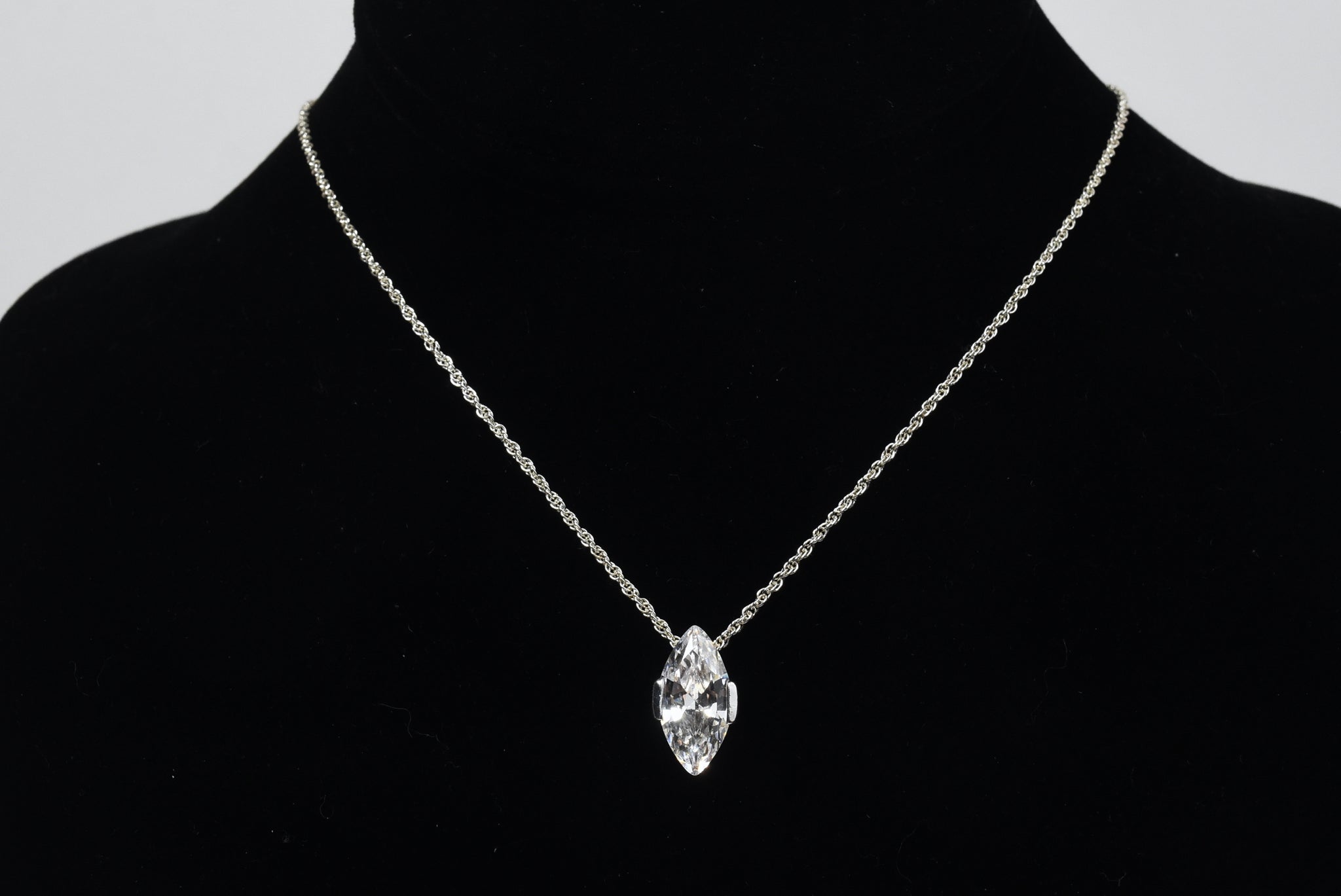 Marquise Cut Clear Stone Pendant on Silver Tone Chain Necklace - 16"+