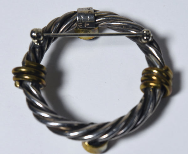 Handmade Vintage Mexican Twisted Sterling Silver Blue Sapphire Hoop Brooch