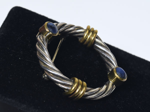 Handmade Vintage Mexican Twisted Sterling Silver Blue Sapphire Hoop Brooch