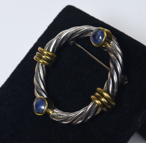 Handmade Vintage Mexican Twisted Sterling Silver Blue Sapphire Hoop Brooch