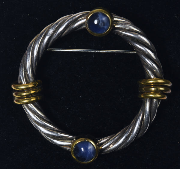 Handmade Vintage Mexican Twisted Sterling Silver Blue Sapphire Hoop Brooch