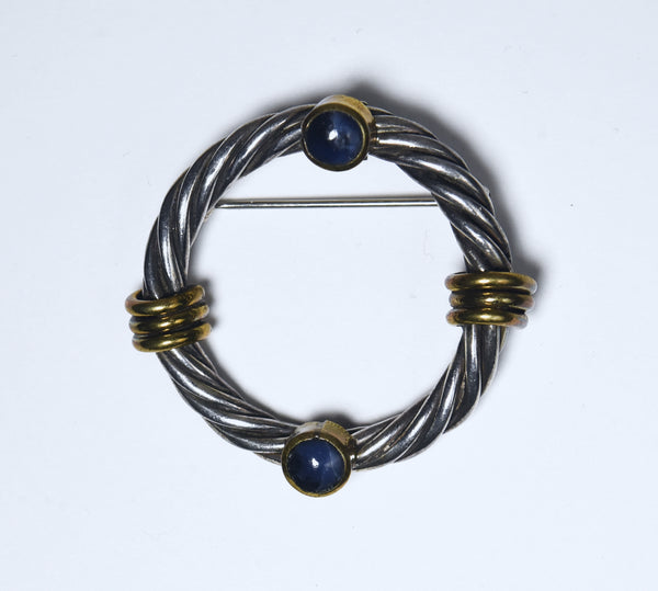 Handmade Vintage Mexican Twisted Sterling Silver Blue Sapphire Hoop Brooch