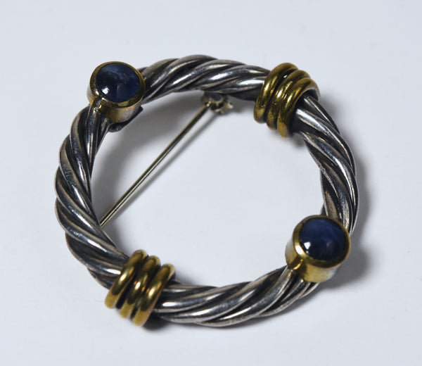 Handmade Vintage Mexican Twisted Sterling Silver Blue Sapphire Hoop Brooch