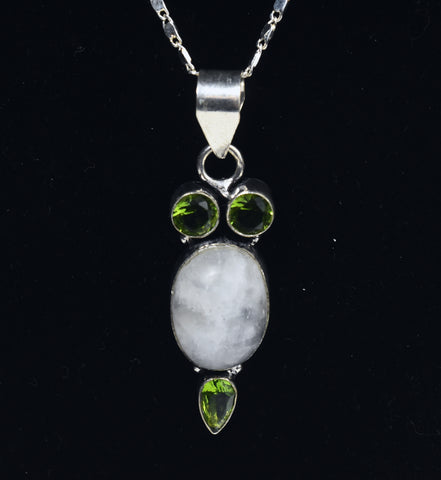 Blue Flash Moonstone and Peridot Sterling Silver Pendant on Sterling Silver Chain Necklace