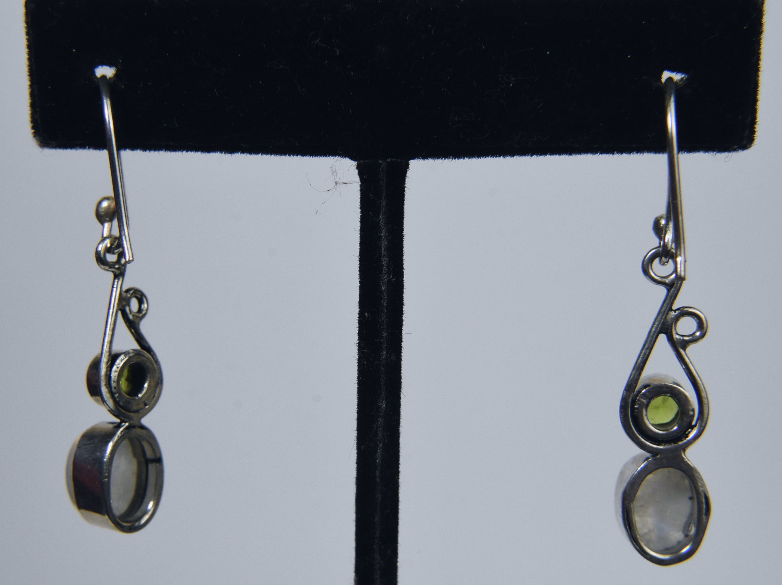 Blue Flash Moonstone and Peridot Silver Earrings