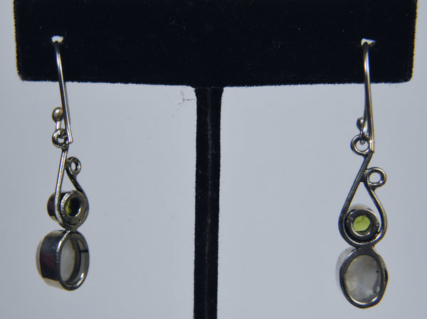 Blue Flash Moonstone and Peridot Silver Earrings