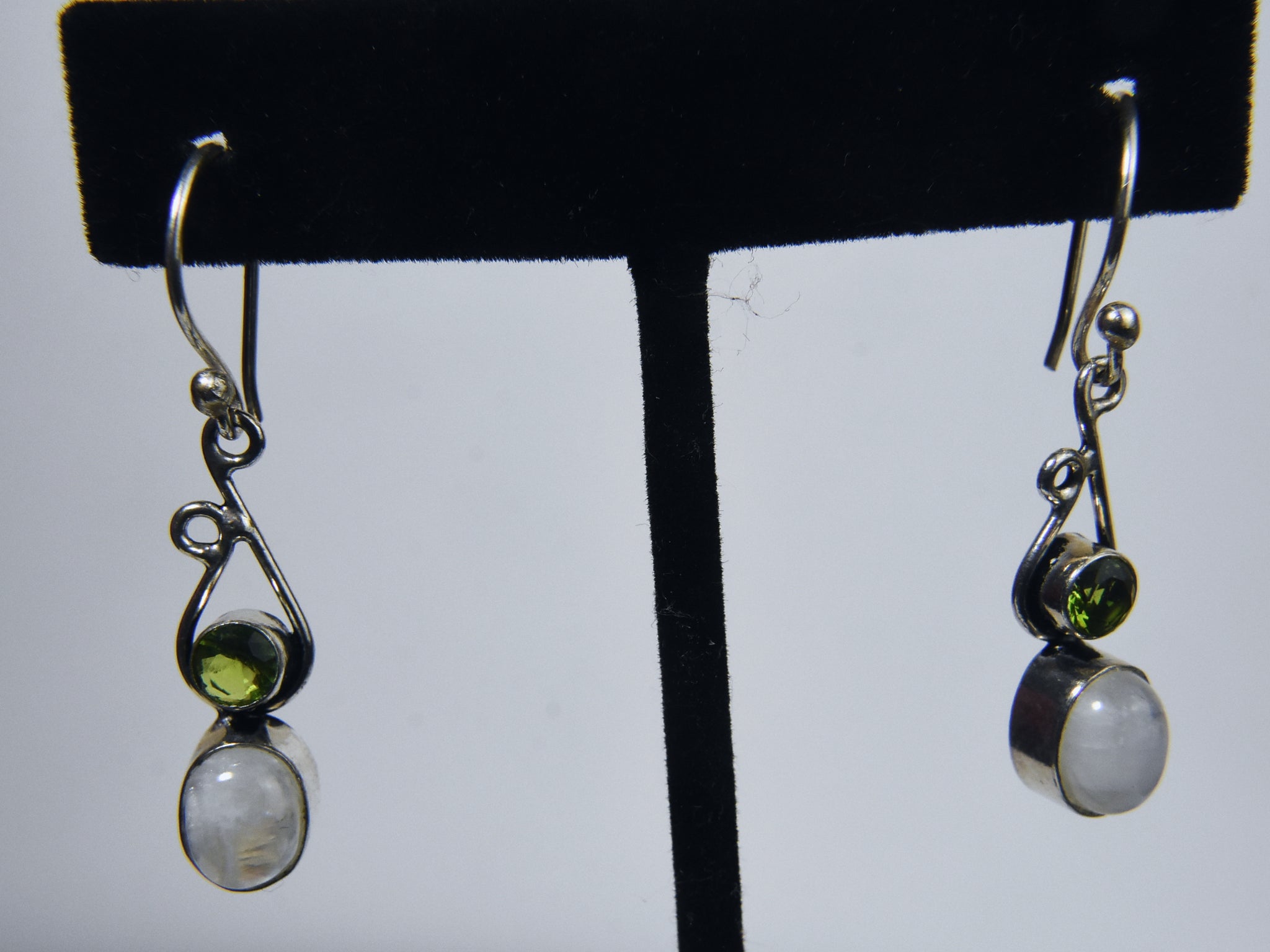 Blue Flash Moonstone and Peridot Silver Earrings