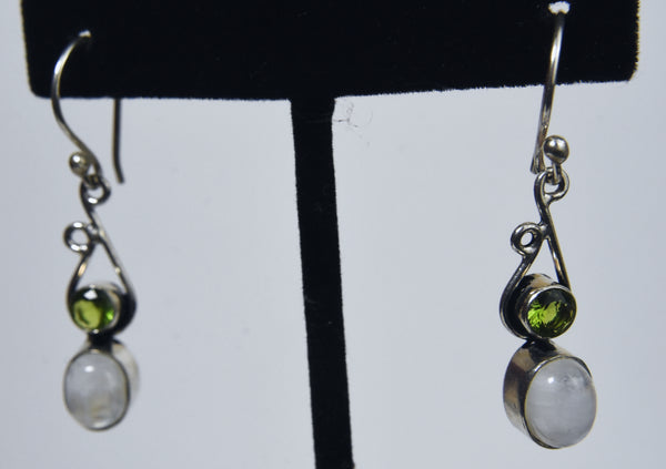 Blue Flash Moonstone and Peridot Silver Earrings