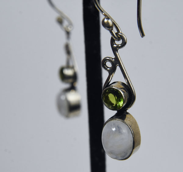 Blue Flash Moonstone and Peridot Silver Earrings