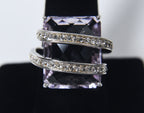 Beautiful Large Amethyst Sterling Silver and Cubic Zirconia Ring - Size 8