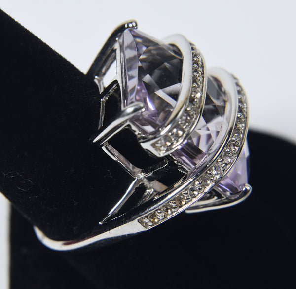 Beautiful Large Amethyst Sterling Silver and Cubic Zirconia Ring - Size 8