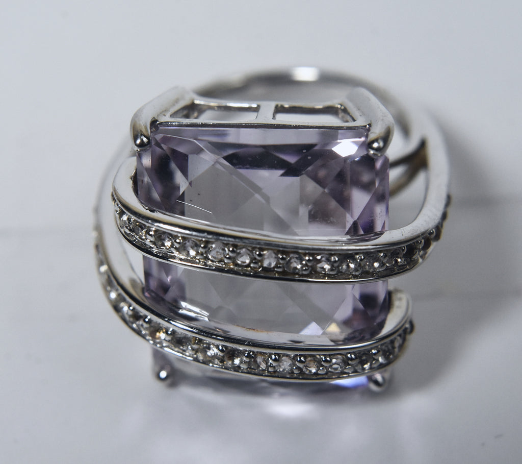 Beautiful Large Amethyst Sterling Silver and Cubic Zirconia Ring - Size 8