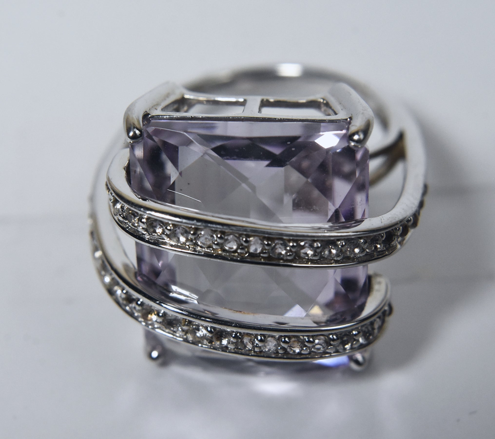 Beautiful Large Amethyst Sterling Silver and Cubic Zirconia Ring - Size 8