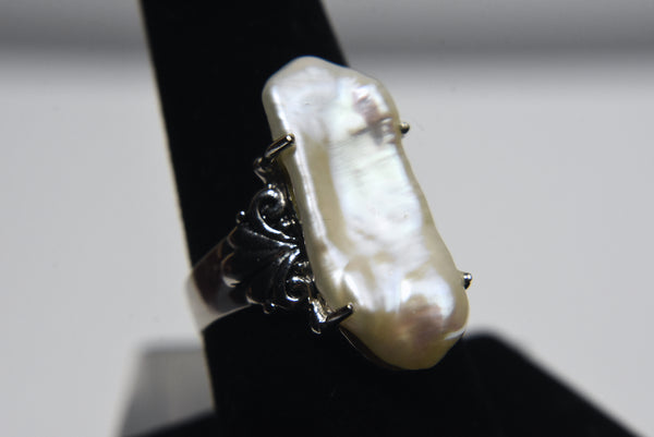 Sterling Silver Flat Freshwater Pearl Ring - Size 8