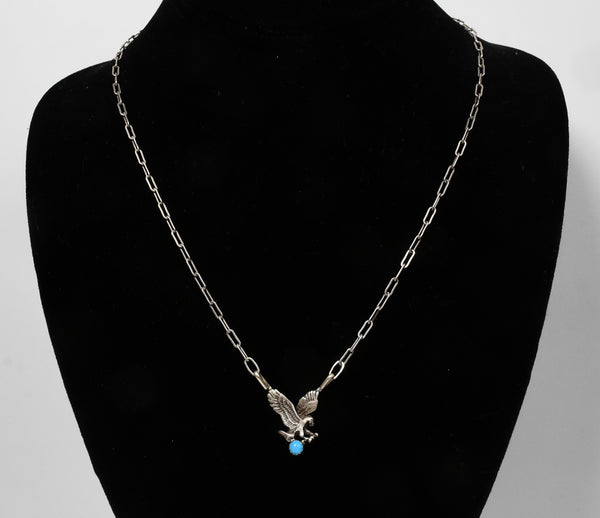 Sterling Silver Turquoise Eagle on Paper Clip Link Chain Necklace - 18"