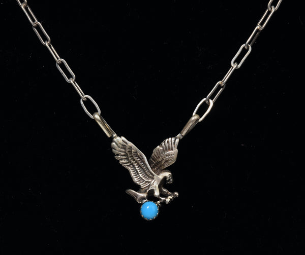 Sterling Silver Turquoise Eagle on Paper Clip Link Chain Necklace - 18"