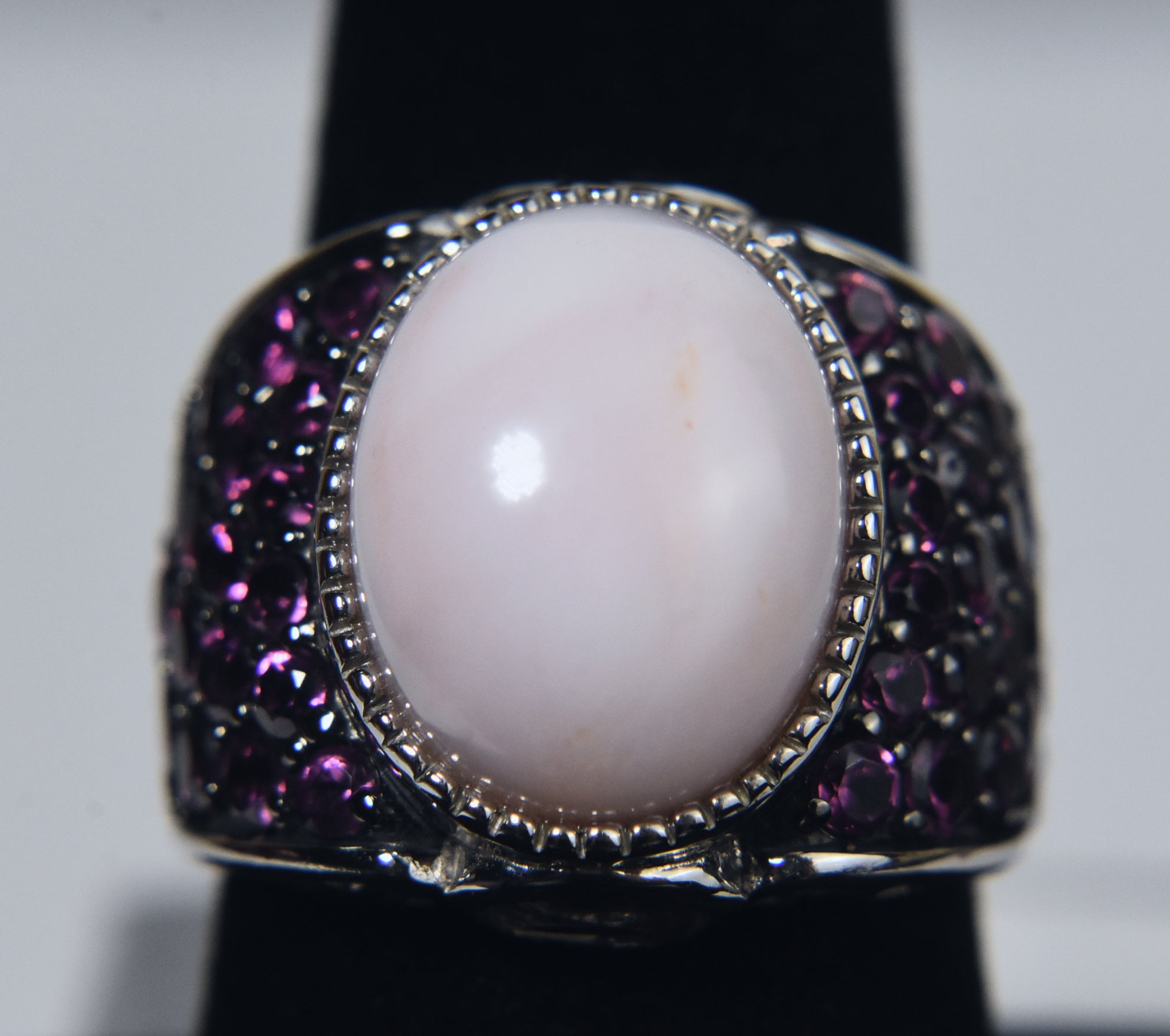 Sterling Silver Peach Opal and Purple Stone Studded Ring - Size 8