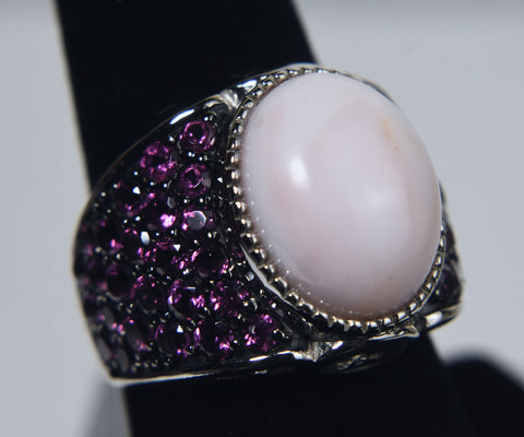 Sterling Silver Peach Opal and Purple Stone Studded Ring - Size 8