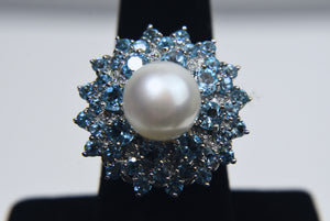 Sterling Silver Pearl Blue Topaz Cocktail Ring - Size 8
