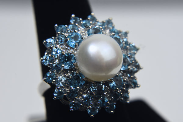 Sterling Silver Pearl Blue Topaz Cocktail Ring - Size 8